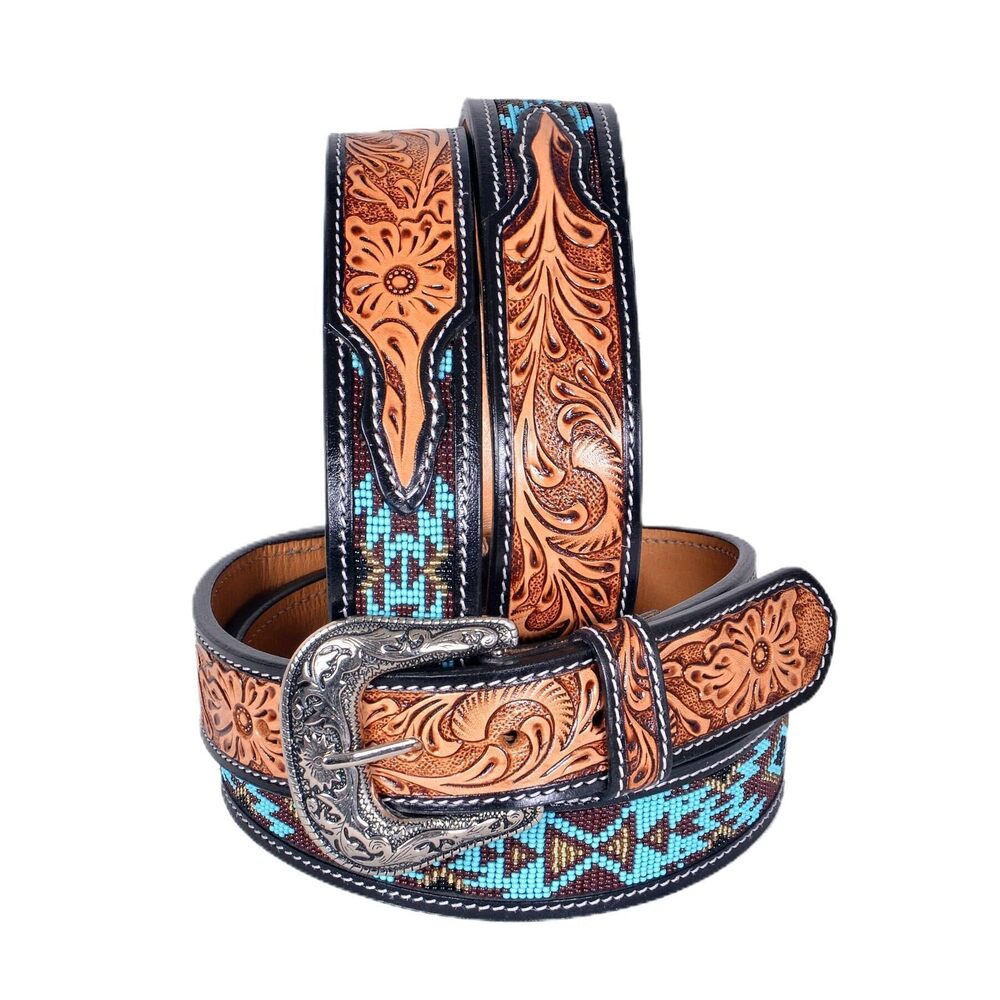 2896 Western Tooled Leather Beaded Belt For Men And Women